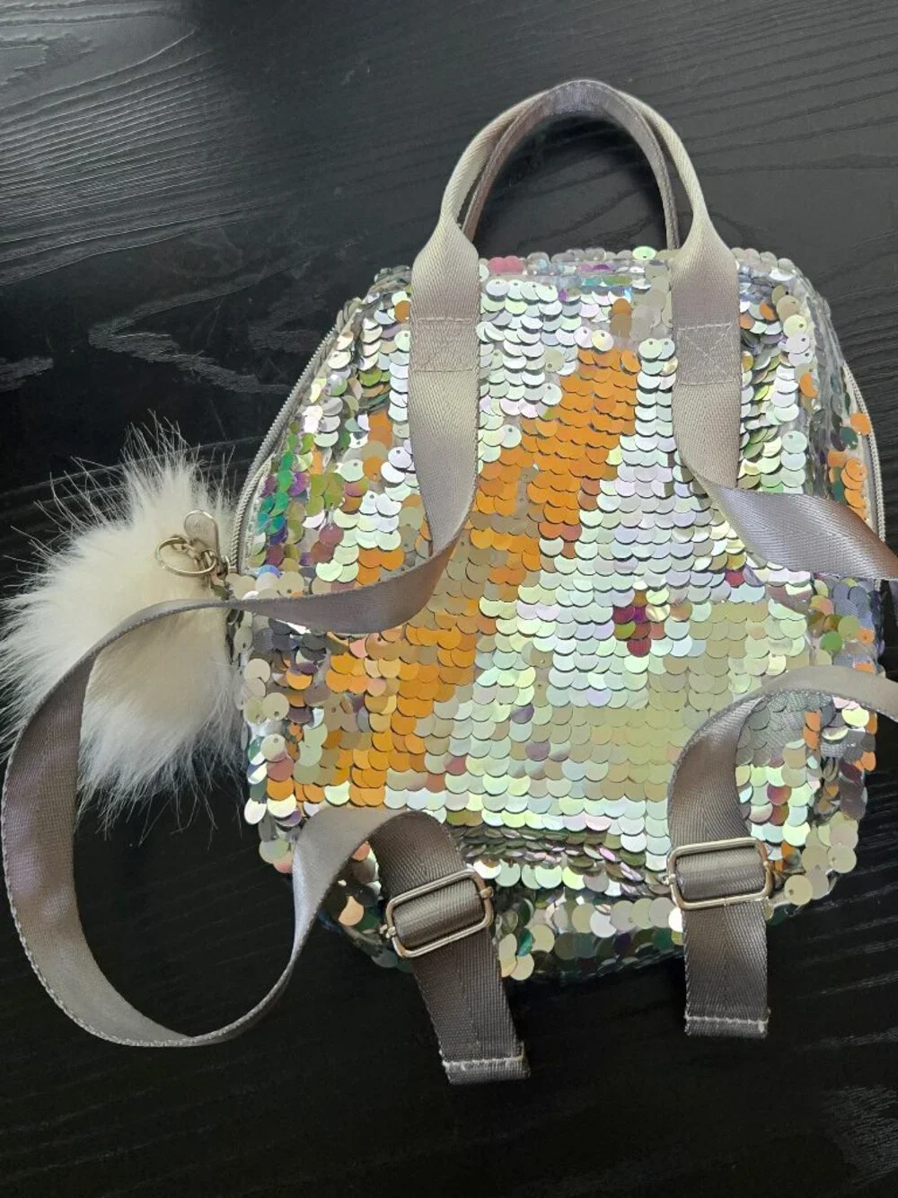 NWOT Justice girls' silver sequin and plush husky mini backpack w/ pompom